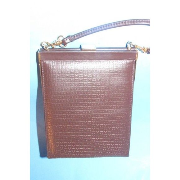 Halston Vintage Brown 2-Way Hinged Closure Shoulder Bag Embossed H Logo Print - Picture 8 of 12